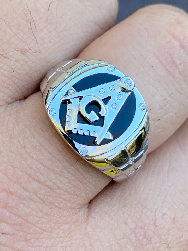 Anillo de plata esterlina 925 sólido real para hombre letra masónica G ónix negro Foto 1 de 4