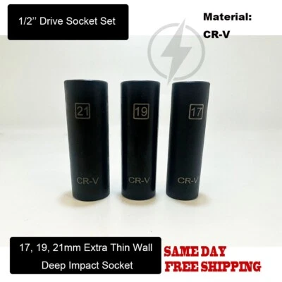 3Pc 1/2" Drive 17mm, 19mm, 21mm Extra Thin Wall Deep Impact Socket Set CR-V - Image 1 of 4