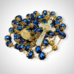 Collar Rosario de Oro San Benito Cuentas de Cristal Azul Profundo Milagroso y Cruz - Imagen 1 de 8