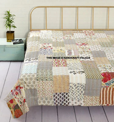 Двустороннее хлопковое одеяло Queen Kantha Quilt Indian белое лоскутное одеяло - Изображение 1 из 4