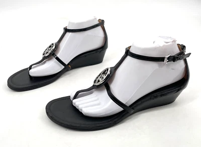 Coach Women 9.5 B Vipor Shoes Black Patent Wedge Thong Logo T-Strap sandal - Image 1 of 4