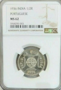 1936 INDIA SILVER 1/2 RUPIA PORTUGUESE NGC MS 62 BEAUTIFUL LUSTER SCARCE COIN - Picture 1 of 4