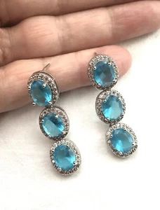 Stamped, White Gold Plated, Extra Long, Blue Topaz, Drop Earrings. - Picture 1 of 7