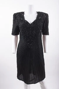 Vintage Scala Womans Silk Evening Dress Size Petite L PL Black Beaded Formal - Picture 1 of 6