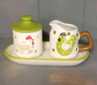 Conjunto pequeno de creme e açúcar de galinha com bandeja caprichosa bolinhas cerâmica  - Imagem 1 de 4