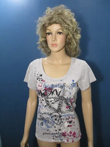 XL gray splatter text scoop neck t-shirt top blouse by L.E.I. stud front pocket - Picture 1 of 7