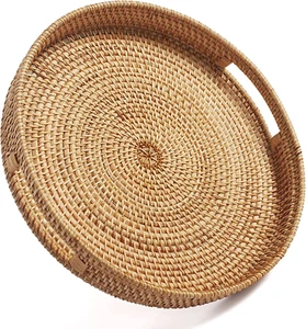 Round Rattan Serving Tray Decorative Woven Ottoman Trays with Handles for Coffee - Picture 1 of 7