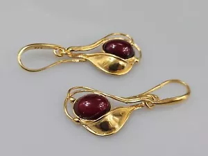 Red Amber Earrings Gold plated sterling silver 925 Teardrops Hanging stud in ne - Picture 1 of 5