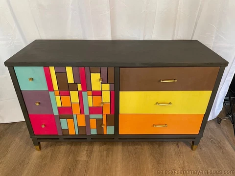 Mid Century Modern Multi-colored Funky Dresser 6 Drawers Original Hardware Cover