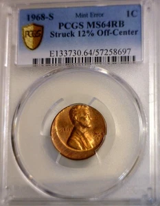 1968s ERROR PCGS MS64 RB OFF CENTER Lincoln Cent NICE KEY DATE CH BU + Coin NR - Picture 1 of 7