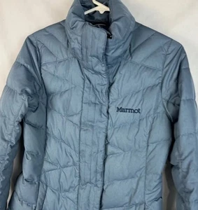 Marmot Jacket Down Puffer Coat Hood Blue Long Full Zip Women’s Small - Picture 1 of 7
