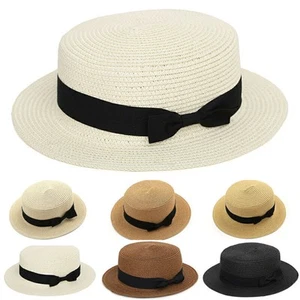 Women Straw Boater Hat Ladies Festival Summer Sun Beach Hat Cap Flat Top Hats - Picture 1 of 14