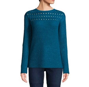 WOMEN'S ST. JOHNS BAY TEAL SWEATER WITH GLITTER THREAD SZ MEDIUM STRETCH KNIT - Picture 1 of 8