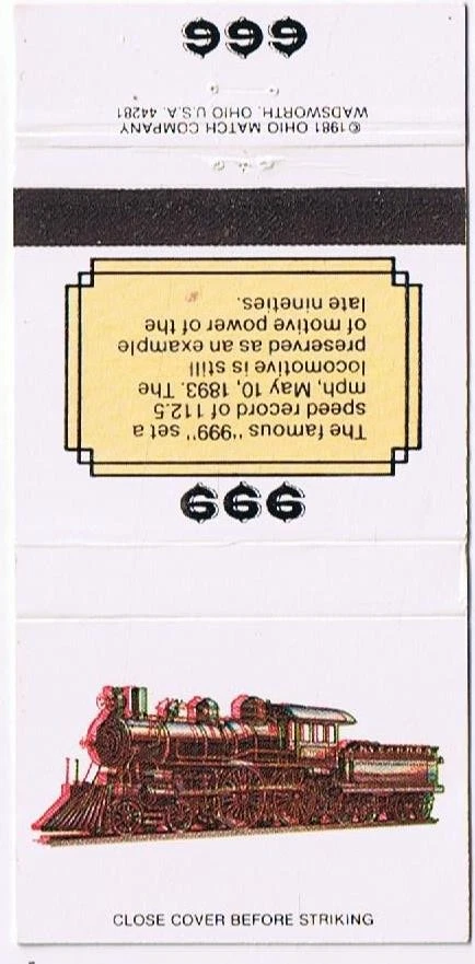 Transportation Matchbook Cover Trains 999 - Image 1 of 1