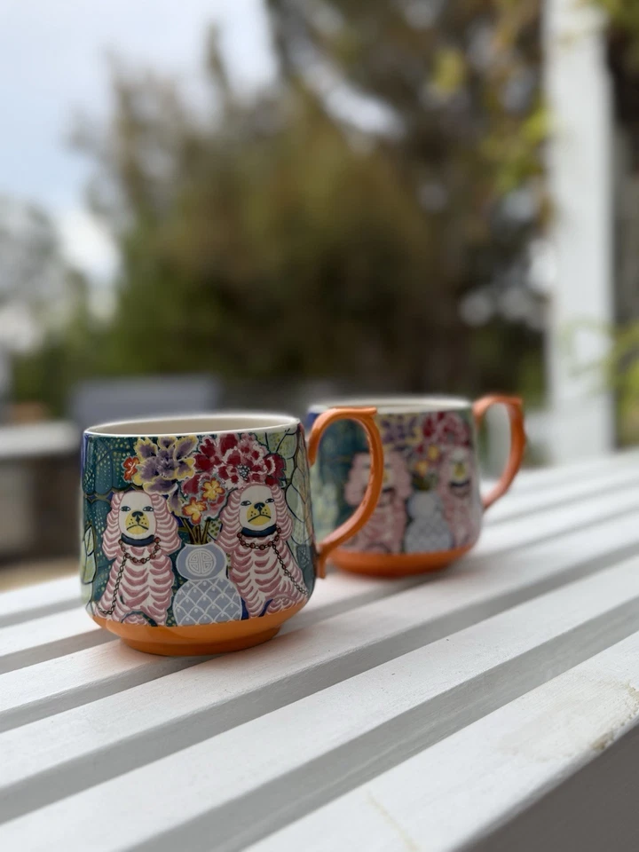 Anthropologie Coffee Mug: Orange with Dogs and Flowers 16 oz Ceramic Cup - Image 1 of 4