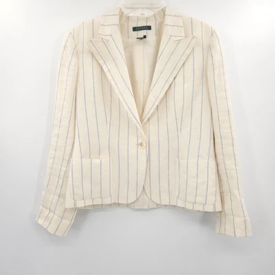 Lauren Ralph Lauren 条纹亚麻斜纹西装夹克 12 码象牙色/蓝色旧钱 — 第 1/4 张图片