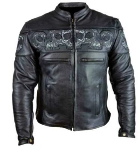 Men's Leather Biker Jacket with Reflective Skulls 535 - Picture 1 of 2