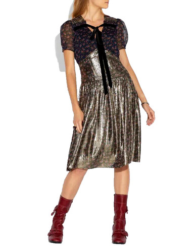 Abito Coach stampa margherita taglia 0 donna $895 gonna stampa oro metallizzato nuovo con etichette