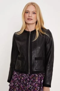 Chaqueta Oasis Cuero Real Gamuza Punta 4 Bolsillos Negra UK 16 NUEVA CON ETIQUETAS NUEVA - Imagen 1 de 3
