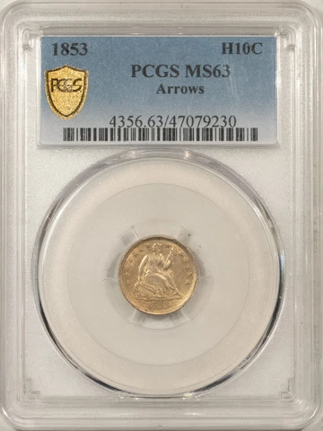 1853 SEATED LIBERTY HALF DIME, ARROWS - PCGS MS-63, FRESH & CHOICE! Cover
