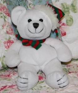 ✅10 Zoll weiße schlaffe Weihnachtsbohne Plüsch Teddybär rot grün Nikolausmütze Schal - Bild 1 von 4