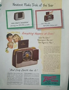 Zenith Universal 1948 pop botón abierto radio música vintage color anuncio - Imagen 1 de 1