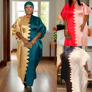 African Women Satin Long Dress Dashiki Robe Loose Cocktail Party Gown Evening - Picture 1 of 26