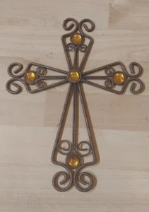 Wrought Iron Wall Hanging Cross With Gold Color Stones 12.5" x 9.5" - Picture 1 of 2