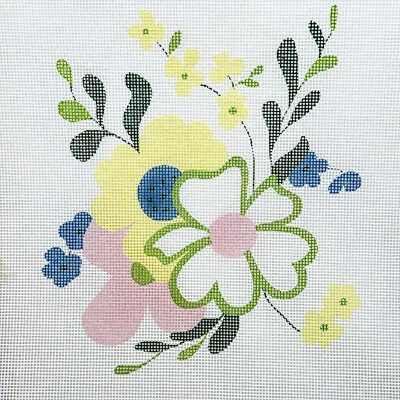 Flowers Pink Yellow Green Blue Handpainted Needlepoint Canvas 12ct Floral JLT - Image 1 of 4