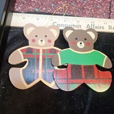 2 Vintage Teddy Bear In Plaid Clothes Wood Ornaments Christmas Made In Taiwan 