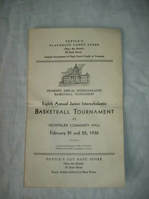 Vintage Tuttle's Playhouse  Candy Store Montpelier Vt Basketball program  1936 - Image 1 of 4