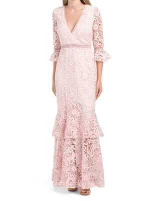 MONIQUE LHUILLIER Womens Lace Tiered Gown Evening Maxi Dress Parfait Pink Size 4 - Image 1 of 4