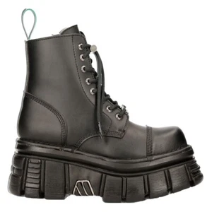 NEW ROCK M-NEWMILI083-VS2 VEGAN BOOTS Combat Black Leather Platform Biker Shoes - Picture 1 of 9