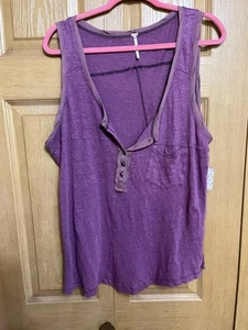Free People Purple Linen Tank Top L Button Henley Frayed Trim Boho Festival - Picture 1 of 9