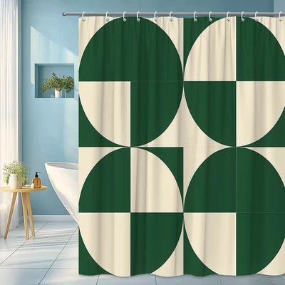 Cortina de Ducha Geométrica Verde y Crema, Diseño Moderno, Impermeable Foto 1 de 4