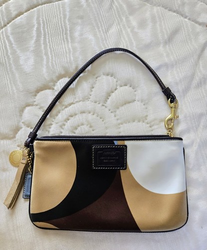 BRACCIALE vintage Coach marrone blu oro raso con nappa ed etichette charm Hampton