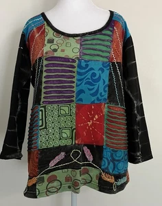 Rising International Patchwork Top Nepal Hippie Boho Colorful Cotton Shirt Sz L - Picture 1 of 6