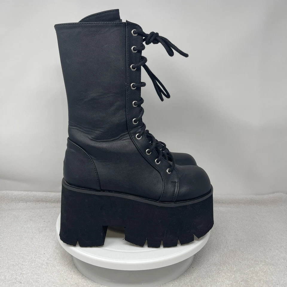Demonia ASHES-105 Women's 6 Chunky Heel Platform Black Lace-Up Mid Calf Boots - Image 1 of 4