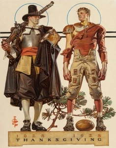 Joseph Leyendecker Thanksgiving Pilgrim & Football Player Canvas Print 16 x 20 - Picture 1 of 5