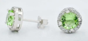 GENUINE 2.26 Cts PERIDOT & WHITE SAPPHIRES STUD EARRINGS .925 Silver - NWT - Picture 1 of 3