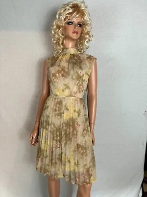 De Colección Vestido de Fiesta Vestebene Plisado Beige Floral Rosa Amarillo Cuello Forrado Italia M Foto 1 de 4
