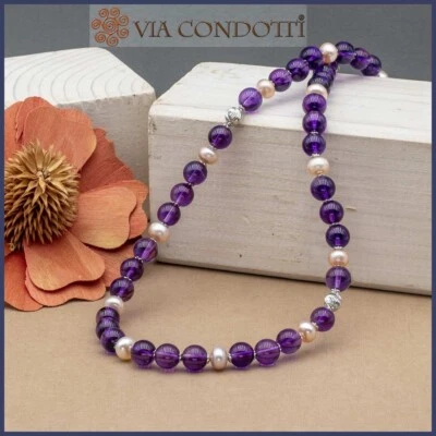 Collana in Ametista Perle pietre dure naturali e Argento 925 girocollo per donna - Immagine 1 di 4