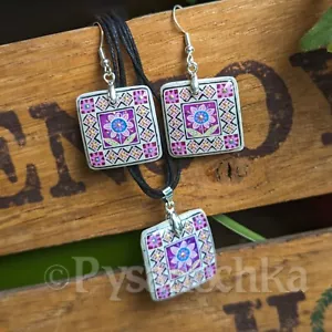 CONJUNTO Pendientes y Colgantes Artesanales Estilo Pysanka en Cáscara de Huevo Tradicional UA - Imagen 1 de 10