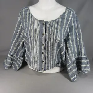 Free People Linen Cropped Shirt Women M Blue Striped 3/4 Bell Sleeve Boho Beach - Picture 1 of 11