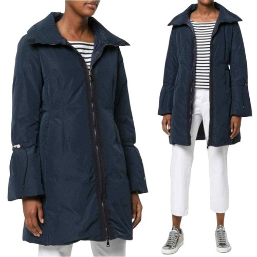 Piumino lungo trapuntato Moncler blu navy cerniera Alnus marino con cappuccio taglia 0 XS