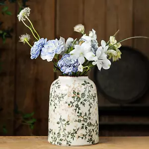 Green Vintage Chinoiserie Floral Vase - Retro Ice Cracked Ceramic Large Vase for - Picture 1 of 12