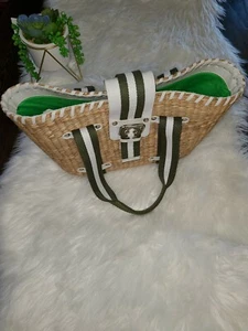Donna Dixon Jennifer Woven Grass w Green Web Strap Beach Tote Bag Purse ~NEW~ - Picture 1 of 9