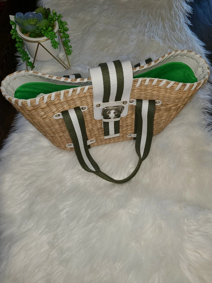 Donna Dixon Jennifer Woven Grass w Green Web Strap Beach Tote Bag Purse ~NEW~ - Image 1 of 4