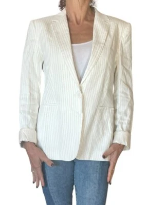 Chaqueta Blazer Massimo Dutti Para Mujer Blanca Marrón Pin Rayas Calce Ajustado 6088 Talla 8 Foto 1 de 4