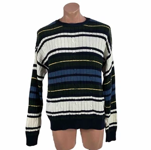 VTG 90s y2k Ribbed Knit Blue White Yellow Striped NAUTICA PULLOVER SWEATER Sz M - Picture 1 of 7